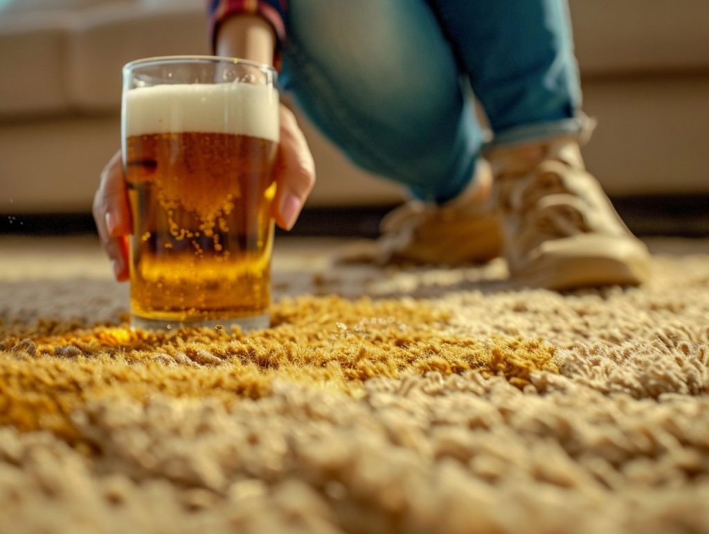 A large glass of beer on a home carpet