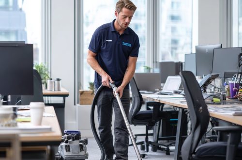a male professional carpet cleaner in a small modern London IT startup office, steam-cleaning a grey carpet