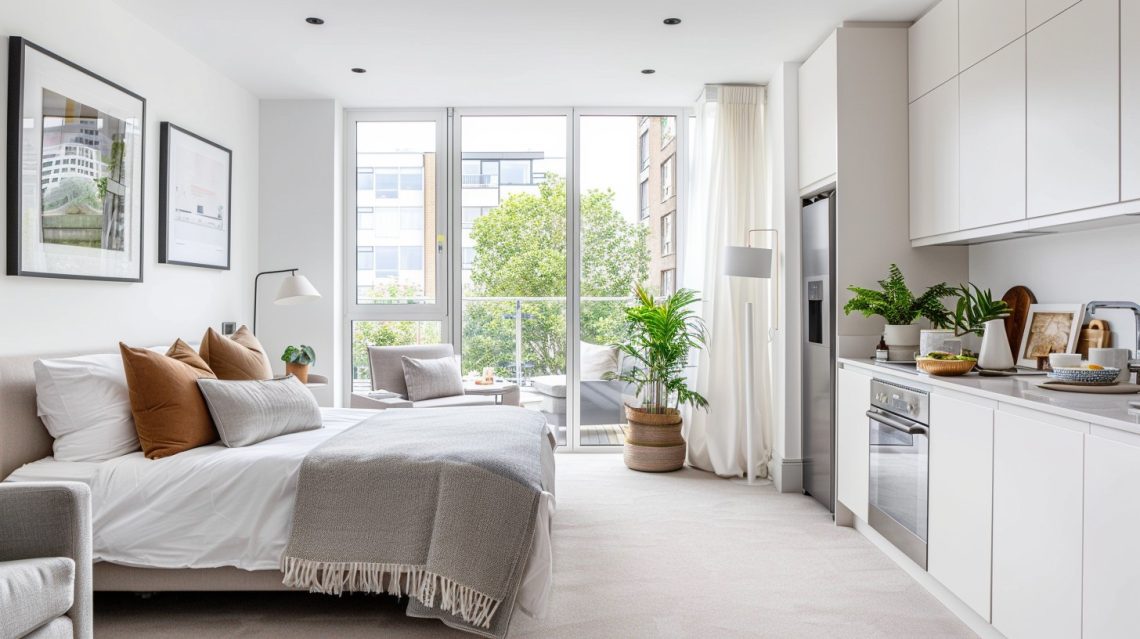 London studio flat interior, compact open-plan layout, neutral-toned carpeted floor